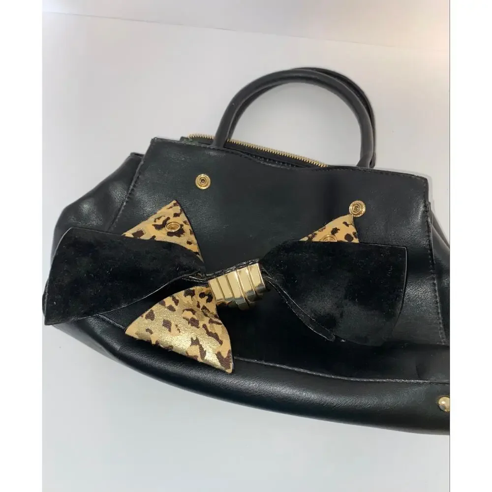 Betsey Johnson Black Satchel Handbag with Leopard Bow Accent